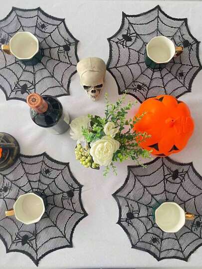 4 piezas Manteles individuales asimétricos de tela de araña negra de malla estilo Halloween, decoración de mesa para fiesta de Halloween, centro de mesa de estilo gótico oscuro con diseño de araña