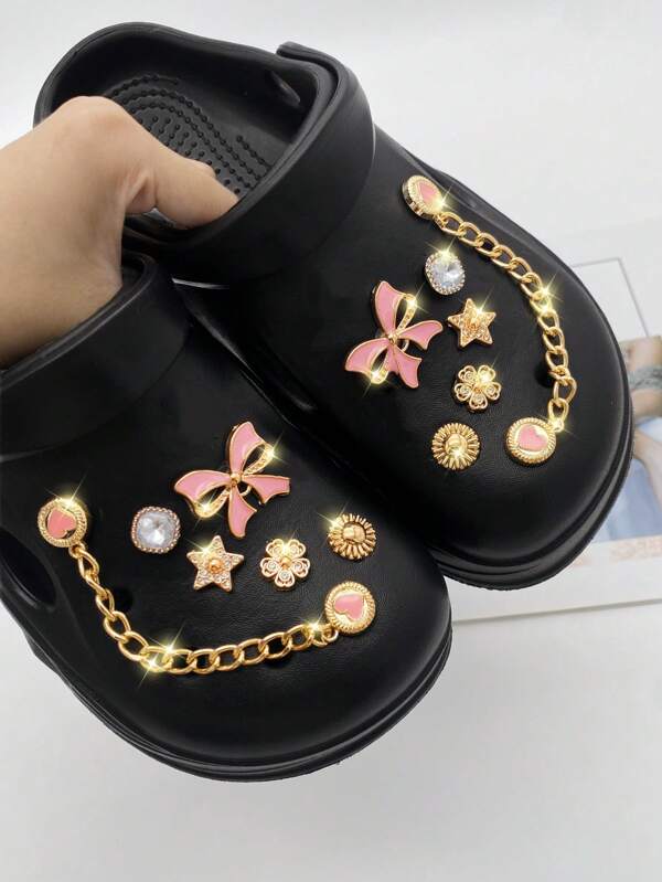 12 piezas de Clips para zapatos con cadena dorada, corazón, lazo, flor y estrella - Decoraciones DIY multifuncionales para accesorios de clips para zapatos de mujer en sandalias, pantuflas, bolsas de playa, adecuados para regalos de fiestas y cumpleaños