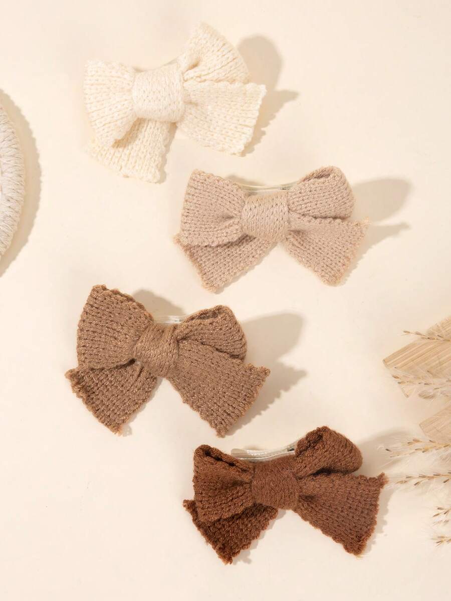 4pcs Brown Tone Knitted Hair Bows For Baby Girl, Soft Knitted Baby Bow Hair Clips , Warm Tone Baby Bows Hairpins, Daily Wear Headpiece, Baby Hair Accessories. - Multicolor - View 1
