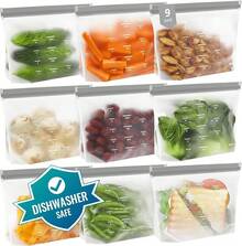 IDEATECH Reusable Bags Dishwasher Safe, BPA Reusable Freezer Bags Stand Up, Leakproof Silicone Bags Food Storage Containers, Salad Fruit,Vegetables,Traval, Home Organization -Gray 6 Gallon - Gris (9 Sándwich) - Ver 13