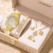 Set ceas de damă, ceas elegant cu cuarț și set de bijuterii, ceas la modă cu cadran rotund, colier cu strasuri, cercei, inel, brățară, potrivit pentru purtare zilnică, cadou de ziua de naștere, petrecere, reuniune de sărbători, de asemenea, un cadou ideal pentru tine sau pentru prieteni. Nu include cutie cadou. - Aur - Vizualizare 10