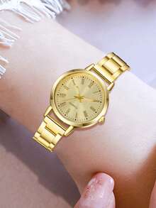 1件装女士合金表带时尚休闲罗马数字小圆表盘石英表，适合日常佩戴和节日礼物 - 金色 - 查看 4