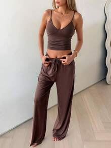 GAOVOT Women's Two Pieces Autumn Sexy Casual Deep V Halter Top And Loose Straight Pantsuit