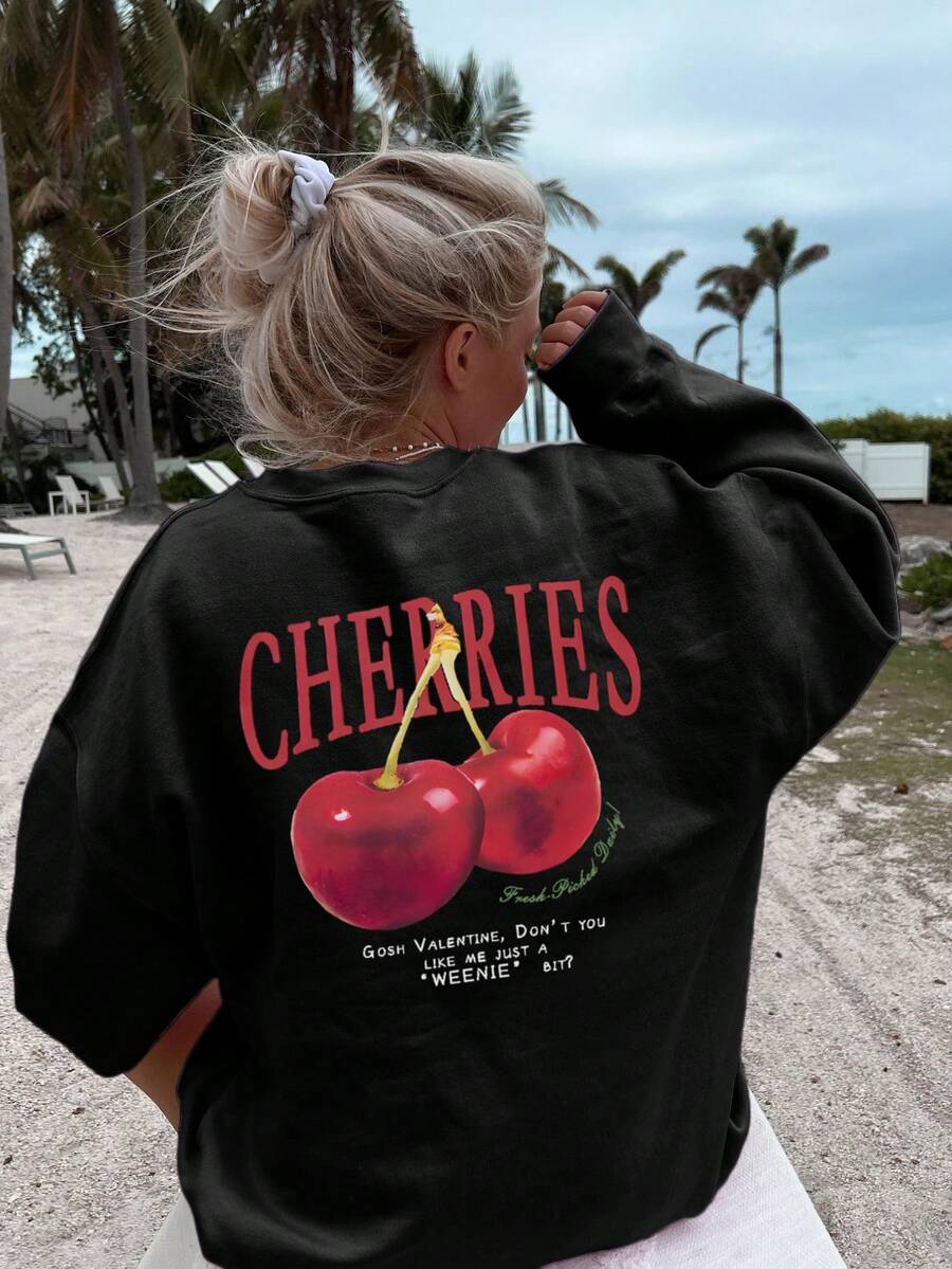 Áo nỉ cổ tròn dài tay họa tiết quả anh đào và khẩu hiệu mùa thu đông dành cho nữ, áo kiểu dáng rộng rãi, thoải mái, đa năng cho ngày lễ, trang phục thời trang mùa thu dành cho nữ, thích hợp mặc hàng ngày - màu đen - Xem 1