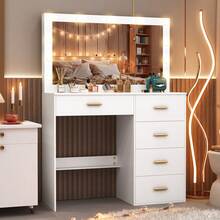 White Dressing Table +Charging Station Vanity Desk Set W/ 11 LED Bulbs Mirror UK - White - View 2