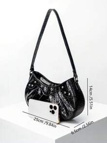 1pc Women's Crocodile Grain Minimalist Underarm One Shoulder Baguette Bag, Rivet Fashion Shoulder Bag, Coin Purse, Suitable For Daily Use, Ideal Gift Choice - Black - View 2