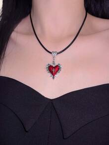 Dây chuyền da hình trái tim gai đỏ phong cách Gothic cổ điển, dây chuyền choker thánh giá tối màu phóng đại cho lễ Halloween - Trái tim - Xem 7