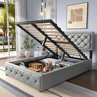Double Ottoman Bed With Hydraulic Storage, 4ft6 Upholstered Bed Lift Up Ottoman Storage Bed, Inlaid With Diamond Decoration, Grey(Double, No Mattress)