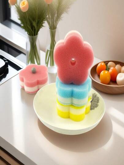 Petal-Shaped Multi-Functional Double-Layer Temperature-Sensitive Scrub Sponge, Effective Stain Removal, Double-Sided Kitchen Sponge - Temperature-Sensitive, Scratch-Resistant Cleaning Pad, Suitable For Tableware. Suitable For Modern Kitchen Sink, Convenient Wall-Mounted Tableware Cleaning
