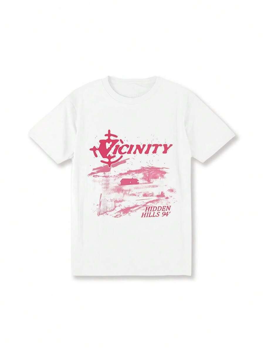 Vintage-Inspired "Vicinity" Graphic Tee, Casual Y2K Street Fashion, Loose Fit Valentine Outfits For Women'S T-Shirt Carnival Parties T Shirts Valentine Outfits For Women Clothes,Cotton 100%, Knit Fabric, All-Season, Alphabet Print, Round Neck Short Sleeve - 白色 - 查看 1