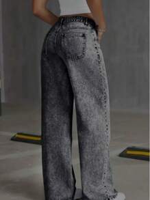 CALCA JEANS FEMININA WIDE LEG GRAFITE MARMORIZADA CINTURA ALTA 100% ALGODAO