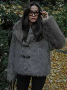 Women Elegant Faux Fur Winter Coat Solid Turn Down Collar Long Sleeves Thick Coats Woman Long Sleeve Loose Warm Jacket