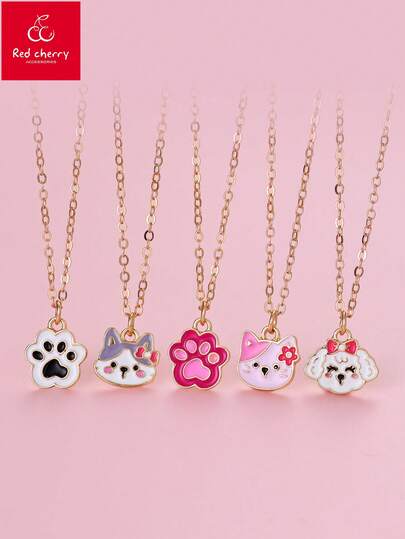 Set de 5 collares con colgantes de gatos, perros y huellas de patas de colores lindos, adecuado para uso diario de niñas y como regalo para amigos