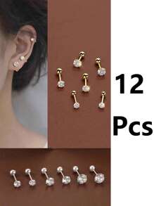 6/12 件/套优雅简约女士耳环，钛钢镶嵌人造锆石耳钉，闪亮且方便穿耳环