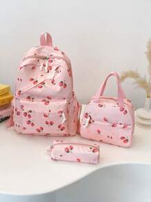 3pcs Backpack Set - Fashionable Large Capacity Backpack + Lunch Bag + Pencil Case, Includes Laptop Compartment, Strawberry Pattern Backpack With Adjustable Shoulder Straps And Spacious Multi-Pockets - Lightweight Zipper Bags, Suitable For Women/Girls/Students/Teens/Graduates, Perfect For Outdoor/Travel/Middle School/High School/College