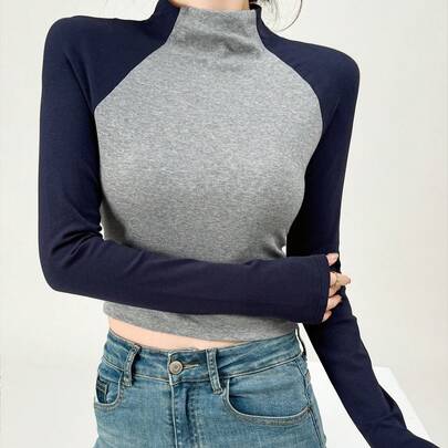 고품질 래글런 소매 터틀넥 리브드 니트 언더셔츠, 여성용 레이어링 탑, 대비 컬러, 다용도 긴팔