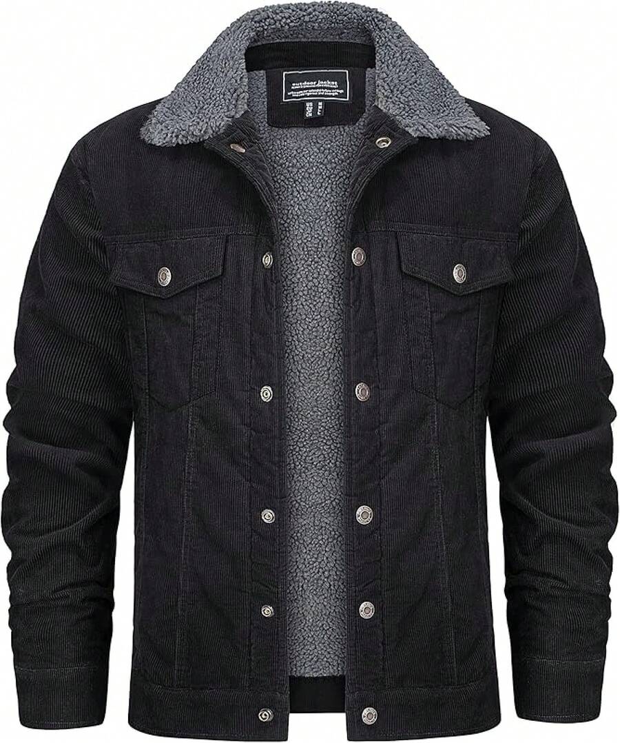 KEFITEVD Men's Corduroy Jacket Sherpa Lined Fleece Trucker Jackets Cotton Turn-Down Collar Jacket Warm Winter Coat