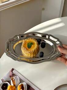 1pc Vintage French Stainless Steel Oval Tray, Retro Floral Oval Plate, Dessert Dish Tableware