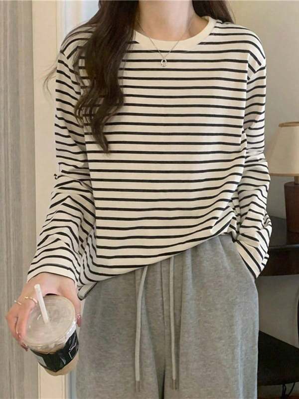 Women's Loose Casual Striped Round Neck Drop Shoulder Long Sleeve T-Shirt