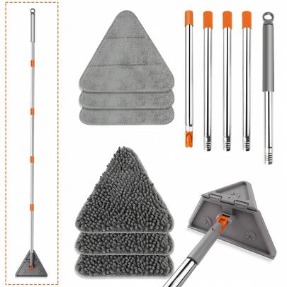 EFAN Triangle Cleaning Mop, Wet & Dry Use, With Scrap Strip, Sponge Handle, 8 Replaceable Cloths, Stainless Steel Pole, Space-Saving Design