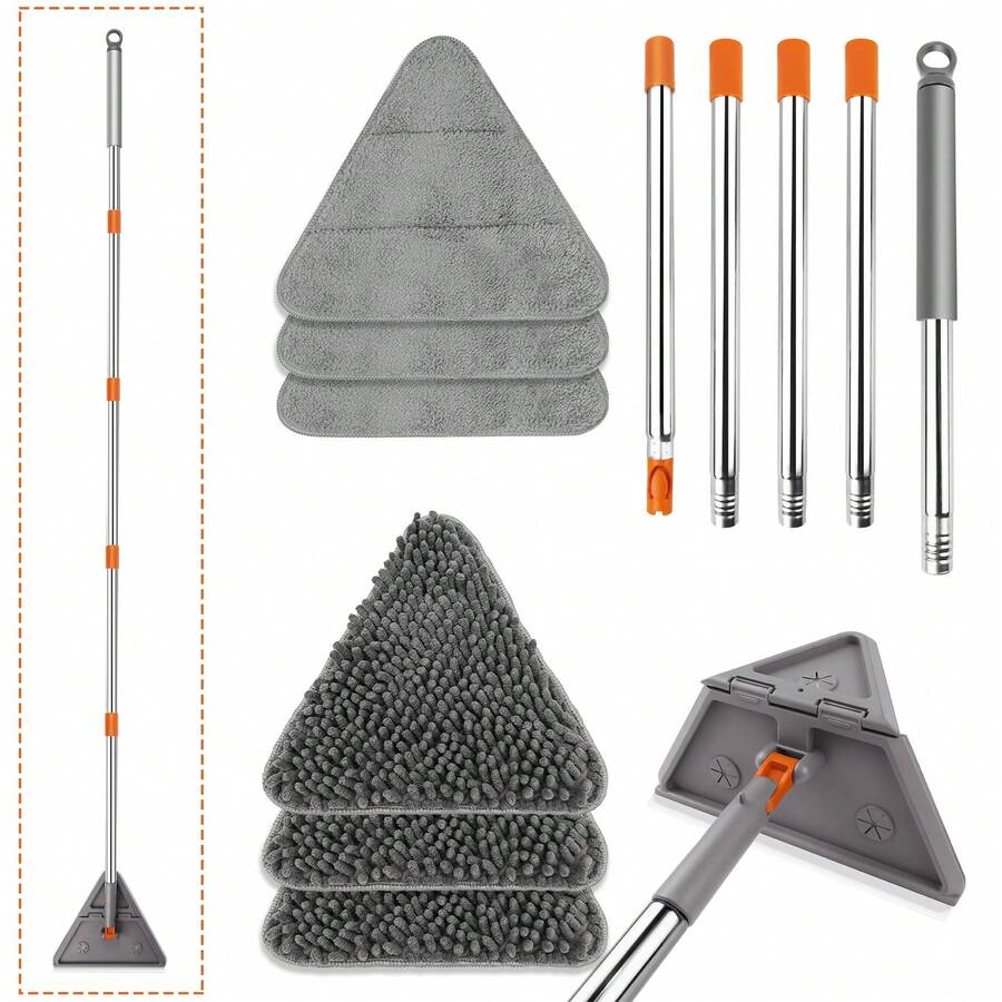 EFAN Triangle Cleaning Mop, Wet & Dry Use, With Scrap Strip, Sponge Handle, 8 Replaceable Cloths, Stainless Steel Pole, Space-Saving Design - Grey - View 1