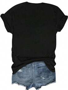 Angel Print Fashion Summer Short Sleeve T-Shirt Bad INFLUENCE TRUST NO ONE BELIEVE IN YOURSELF Graphic Tees Women Tops - 黑色 - 查看 2