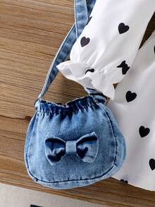 Bộ 3 áo vest denim cho bé gái, váy sơ mi thường ngày trang trí hình trái tim có nơ và túi đeo chéo denim - Đen và trắng - Xem 8