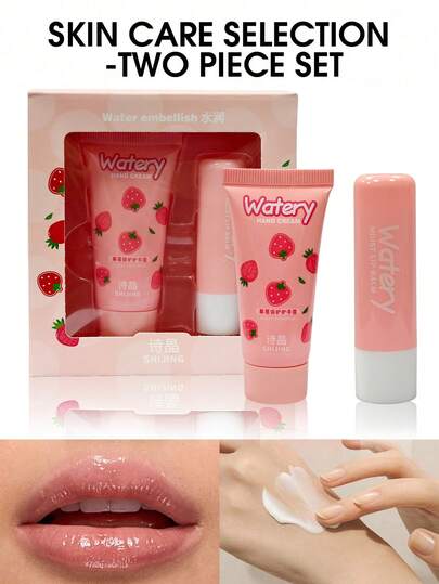 Juego de 2 piezas de cuidado corporal, que incluye crema de manos con aroma a fresa y bálsamo labial, para reparar la piel seca y agrietada y nutrir la piel, un set combinado de crema de manos hidratante y bálsamo labial, adecuado para todas las estaciones