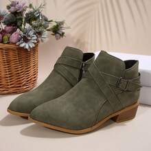 New Women's All-Match Solid Color Business Commute Buckle Criss-Cross Zipper Short Boots, American Style Office Home Wear, Suitable For Spring, Summer, Autumn, Winter - Olive Green - View 3