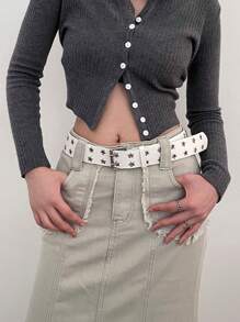 1 件男女通用白色全穿孔 PU 皮革腰带，带星孔，适合秋季、万圣节 - 白色 - 查看 1