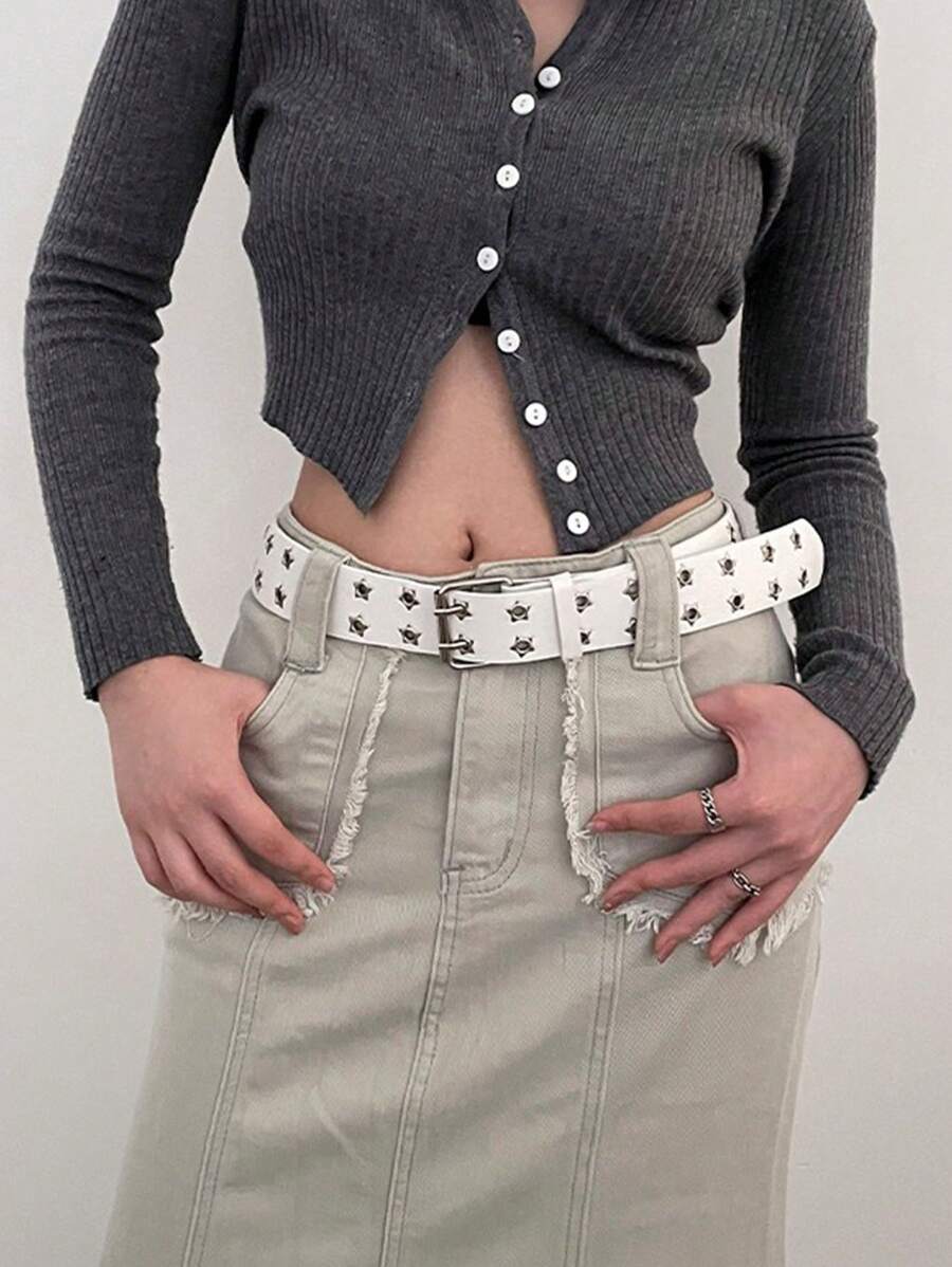 1 件男女通用白色全穿孔 PU 皮革腰带，带星孔，适合秋季、万圣节 - 白色 - 查看 1