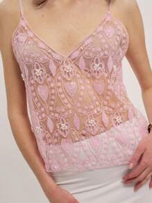 Women Semi See Through Sparkly Tank Top Sleeveless V Neck Floral Sequin Camisole Dance Rave Outfits