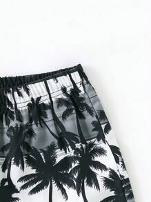 2pcs Set: Boys' Tree Pattern Sleeveless T-Shirt And Elastic Waist Hawaiian Shorts