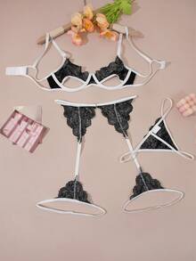 Wild Classic Sexy Lace Patchwork Lingerie Set, Includes Camisole & Thong - Black and White - View 9