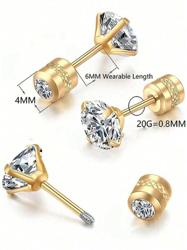 1Pair 18K Gold Plated Handmade Screw Back CZ Stud Earrings For Men Women, Hypoallergenic Surgical Steel Cartilage Earrings, Gold Plated With Clear Cubic Zirconia 2/3/4/5/6mm Valentines And Mardi Gras Earrings