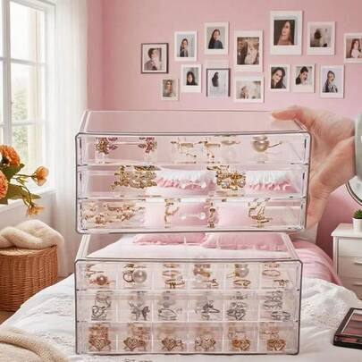 1개 서랍형 보석 보관함, 반지 귀걸이 팔찌 목걸이 액세서리용 매니큐어 정리함, 화장품 진열대, 걸 및 걸 다기능 정리함, 메이크업 보관 솔루션, 가정 침실 화장대 정리를 위한 칸막이형 서랍 정리함