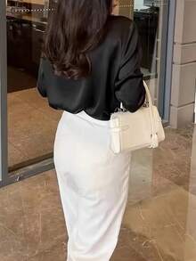 Plus-Size Women's Solid Color Casual Luxury Loose Version Long-Sleeved Shirt, Winter Party Style. Women's Elegant And Changeable Draping Retro Black Long-Sleeved Satin Top, Elegant Style In All Seasons, Suitable For Daily Airport Office Wear Halloween Christmas New Year Thanksgiving Party Street