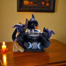 Whimsical Black Cat Cauldron Tealight Holder - Enchanting Halloween Decor For Cozy Ambiance And Spooky Celebrations