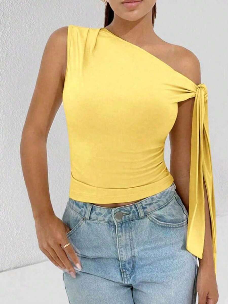 Elegant Suplex T-Shirt Top With Asymmetrical Shoulders And Straps, Ideal For Daily Use, Outings, Nightclubs, Parties, Halloween Costumes - 黃色 - 查看 1