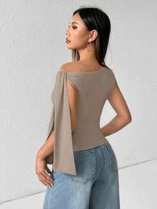 Elegant Suplex T-Shirt Top With Asymmetrical Shoulders And Straps, Ideal For Daily Use, Outings, Nightclubs, Parties, Halloween Costumes - 淺灰色 - 查看 7