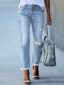 Y2K Street Cropped Jeans Stretchy High Waist Distressed Ripped Raw Fray Hem Slim Fit Slant Pockets Jeans Office Autumn For Women