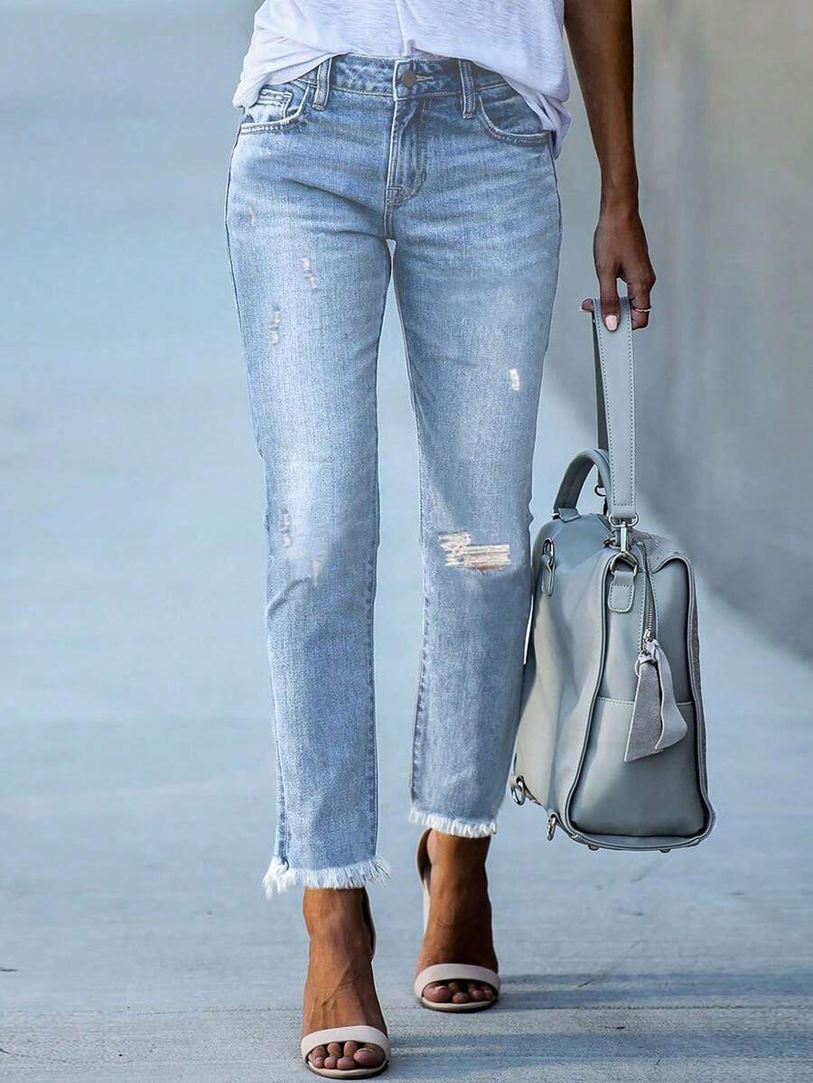 Y2K Street Cropped Jeans Stretchy High Waist Distressed Ripped Raw Fray Hem Slim Fit Slant Pockets Jeans Office Autumn For Women