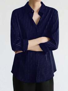 女士春夏前扣领长袖休闲宽松条纹衬衫 - 藏蓝色 - 查看 3