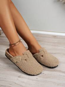 女士时尚新款毛绒单扣舒适室内户外度假休闲平底拖鞋 - 棕色 - 查看 4