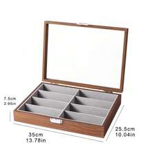 Boîte à lunettes en bois de noyer à huit compartiments, matériau PU de haute qualité gris, boucle métallique, convient pour le comptoir d'affichage, le stockage à la maison, le stockage des lunettes.