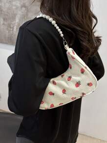 时尚草莓珍珠单肩包、新月形手提包、托特包、沙滩包、休闲草编包、女士手机袋 - 米色 - 查看 7