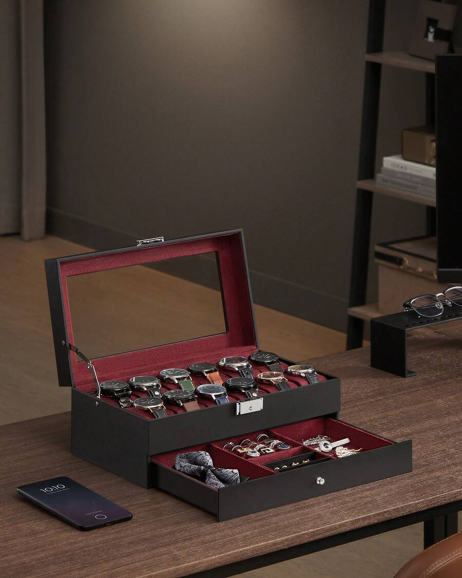 Watch Box, Watch Case With Glass Lid, 2-Tier Watch Display Case For 12 Watches, Lockable, 1 Drawer, For Rings, Bracelets, Gift Idea, Black Synthetic Leather, Wine Red Lining Back To School Dormitory Storage - Black + Wine Red - View 1