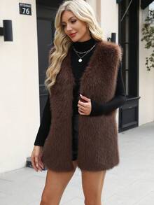 优雅女士常规长度人造皮草大衣，无袖 V 领款式，非常适合秋季服装 - 老咖啡 - 查看 4