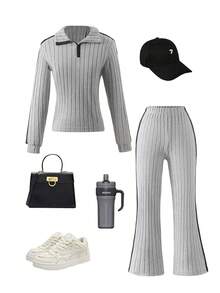 2pcs/Set Girls Casual Fashionable Minimalist Zip-Up Polo Shirt Long Sleeve Top And Striped Side Pants Set, Autumn/Winter 2025 - Grey - View 3