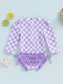 Girls Bikini Beach Swimwear Long Sleeve Checkerboard Print Ruffle Romper Bathing Suit - Morado - Ver 6